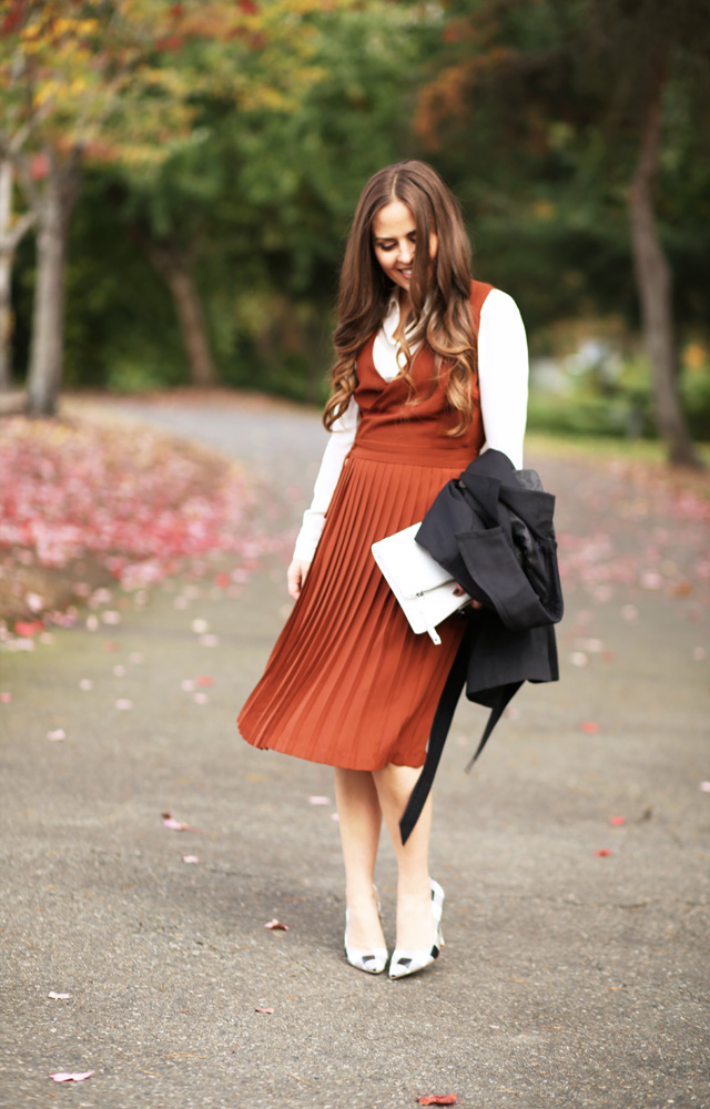 rust-colored-dress-black-trench