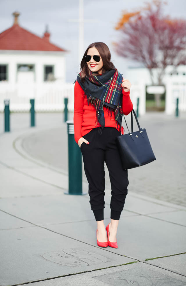 black-joggers-red-sweater-plaid-scarf-5