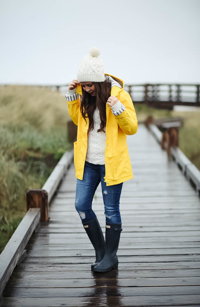 yellow rain boots and jacket