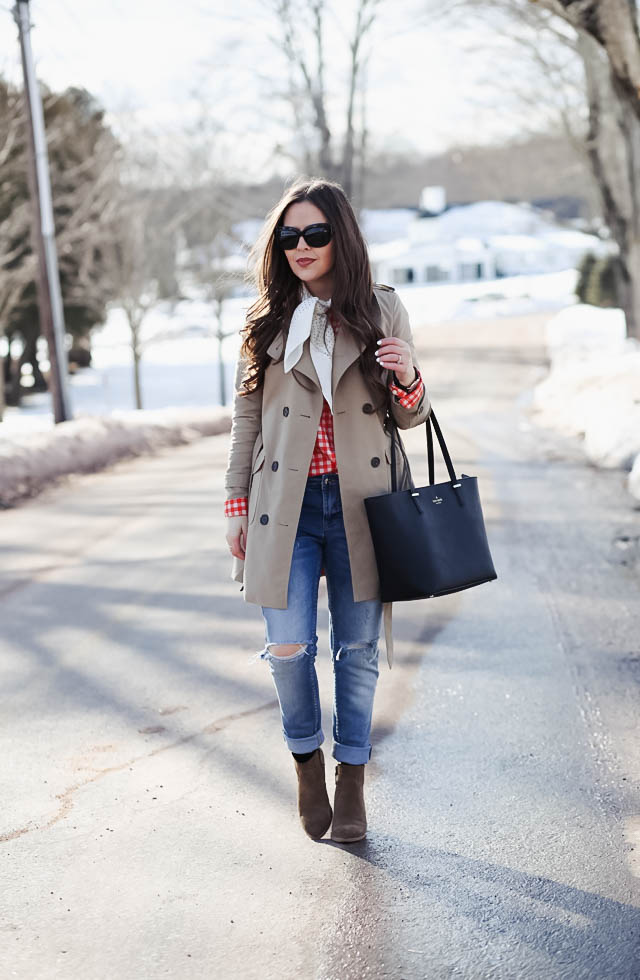 red gingham and a neck scarf with trench coat-5 - dress cori lynn