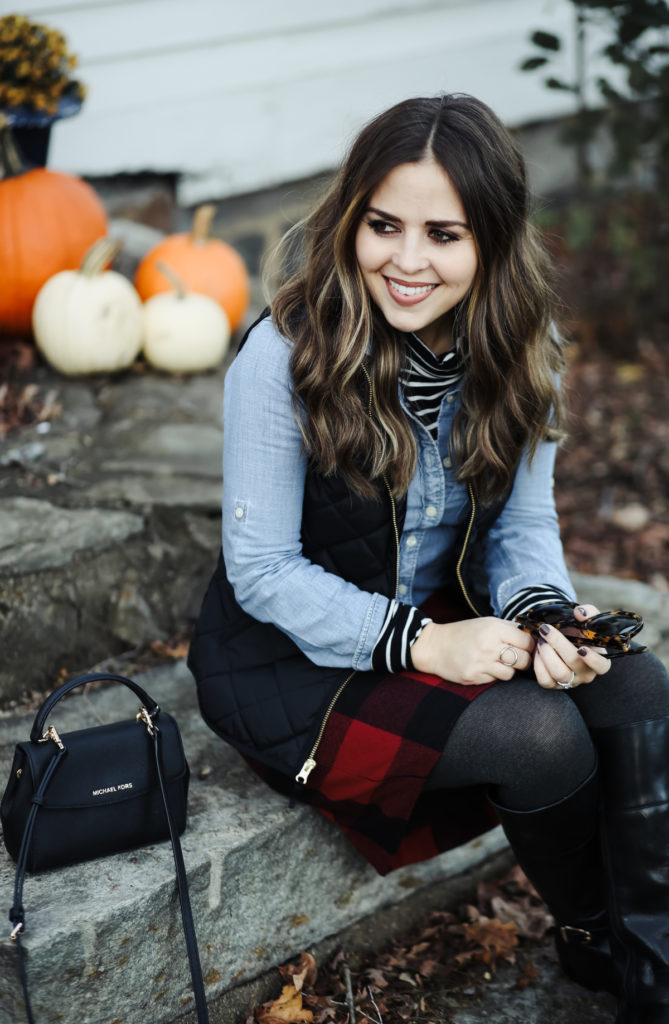 tan wool coat buffalo check scarf bow flats - dress cori lynn