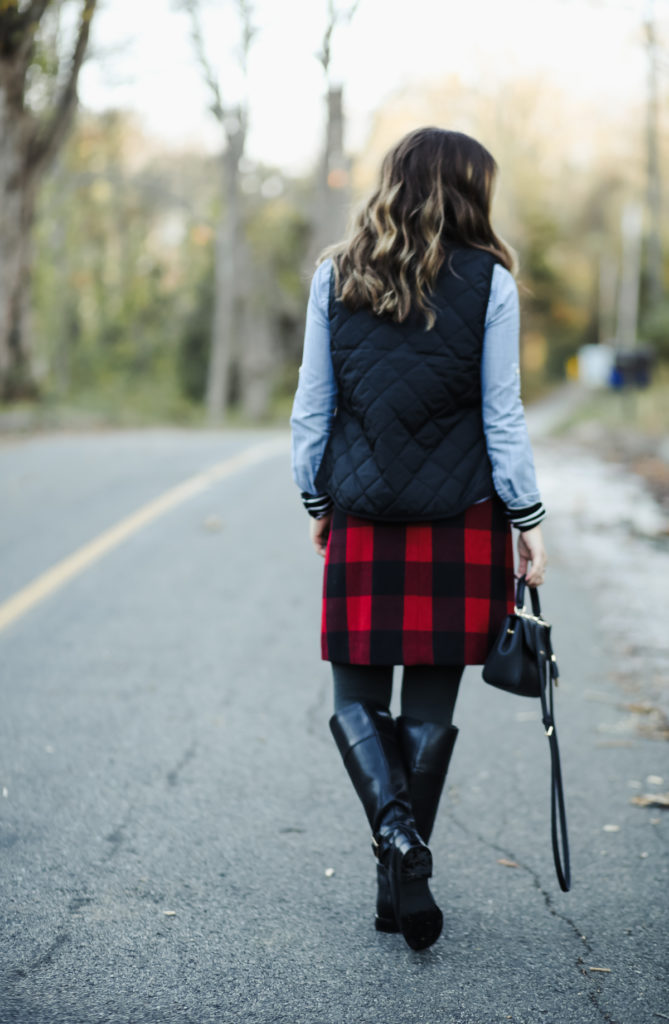 tan wool coat buffalo check scarf bow flats - dress cori lynn