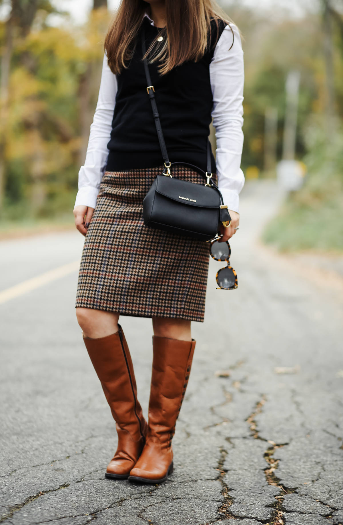 preppy fall outfit tweed and riding 