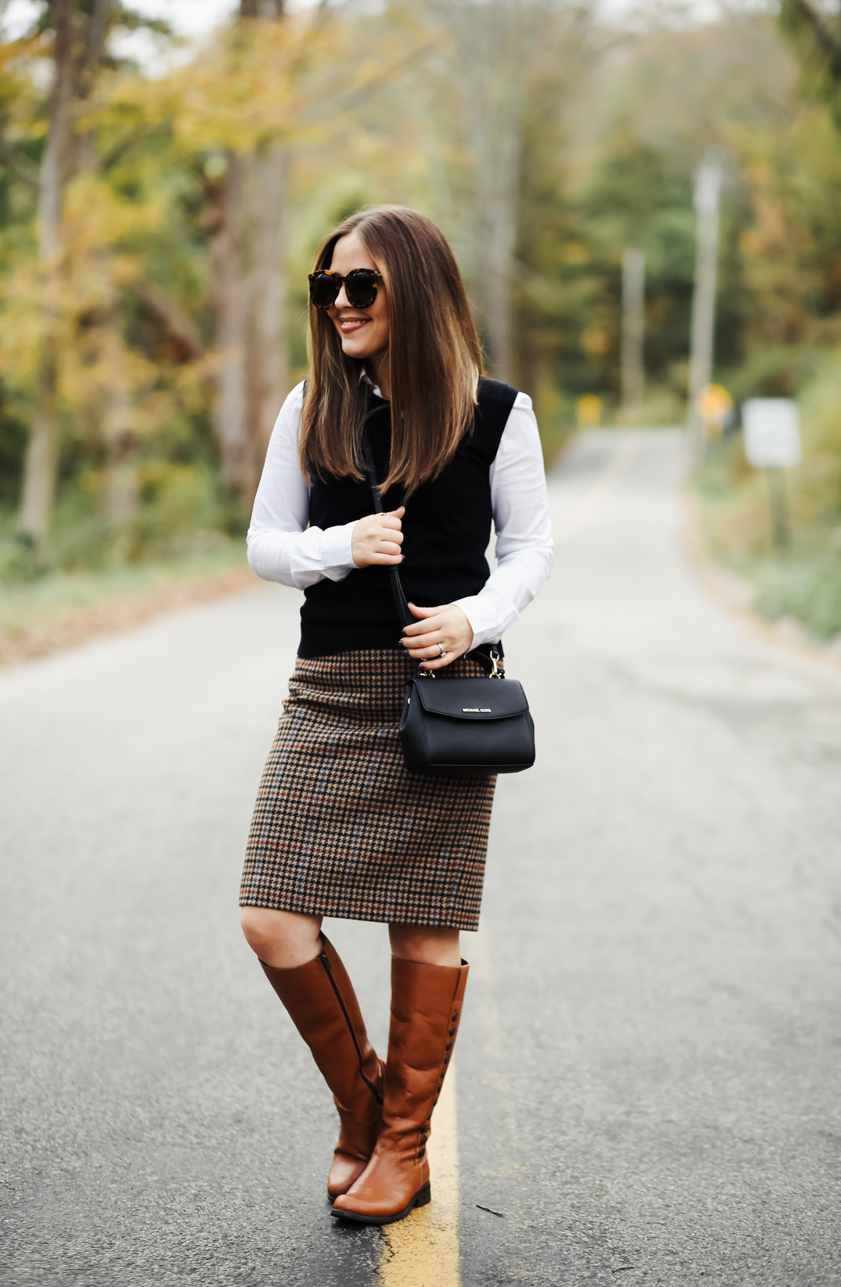 preppy fall outfit with riding boots and tweed skirt-4 - dress cori lynn
