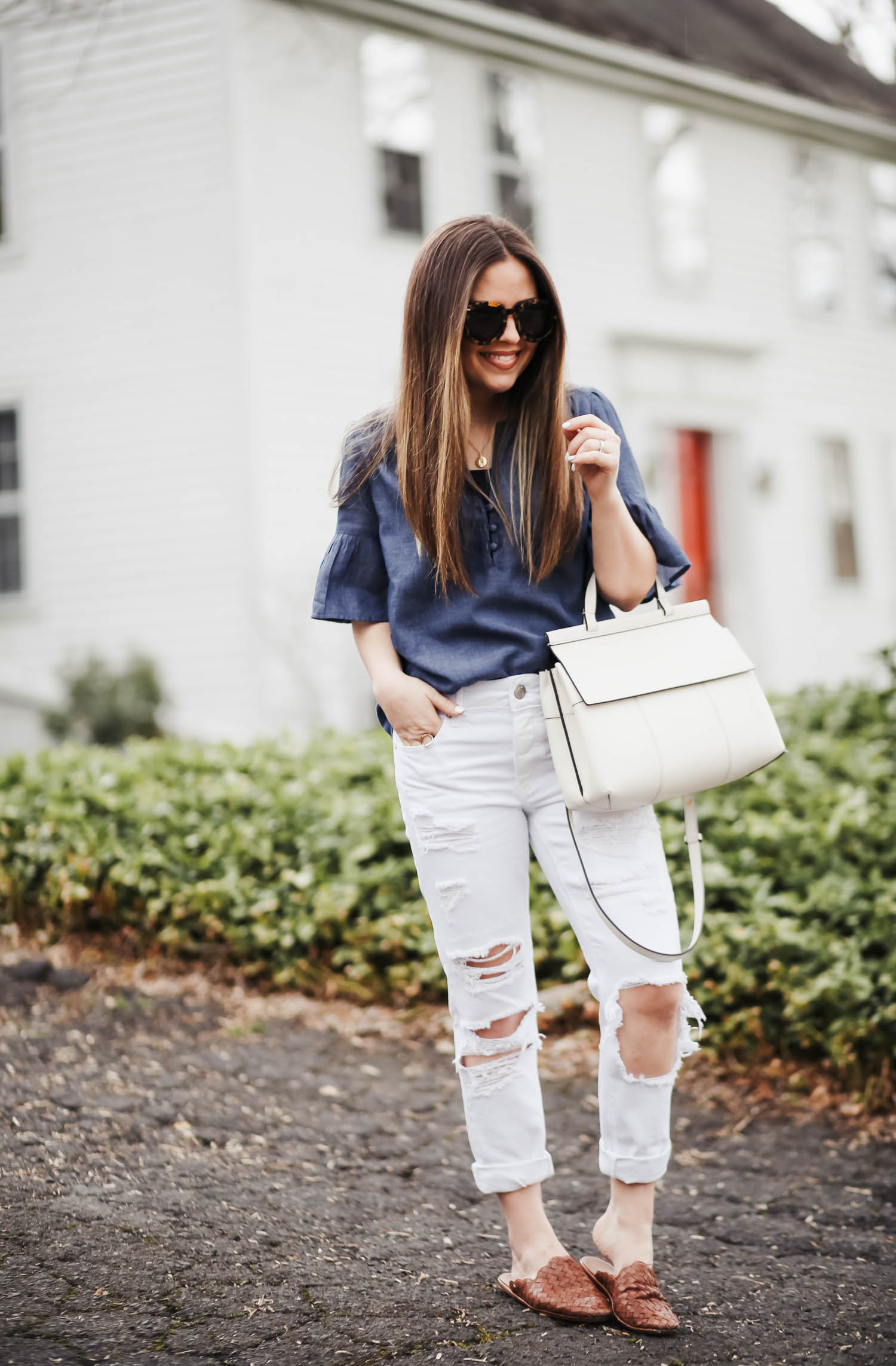 chambray ruffle sleeve top