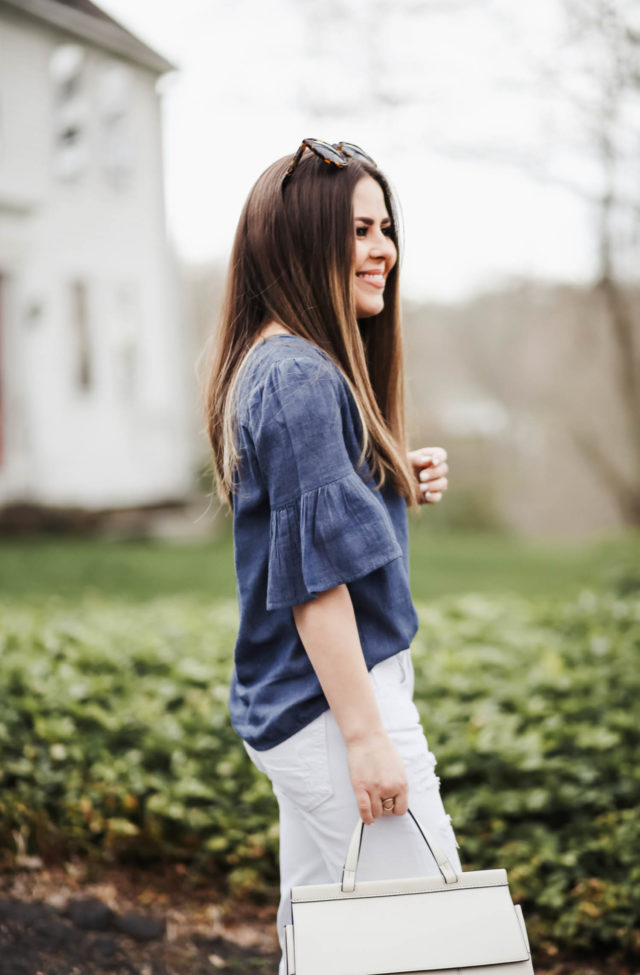 chambray ruffle sleeve top